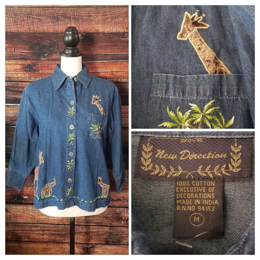 New Direction Denim Jean Top M Embroidered Velvet Giraffe Shirt 3/4 Sleeves